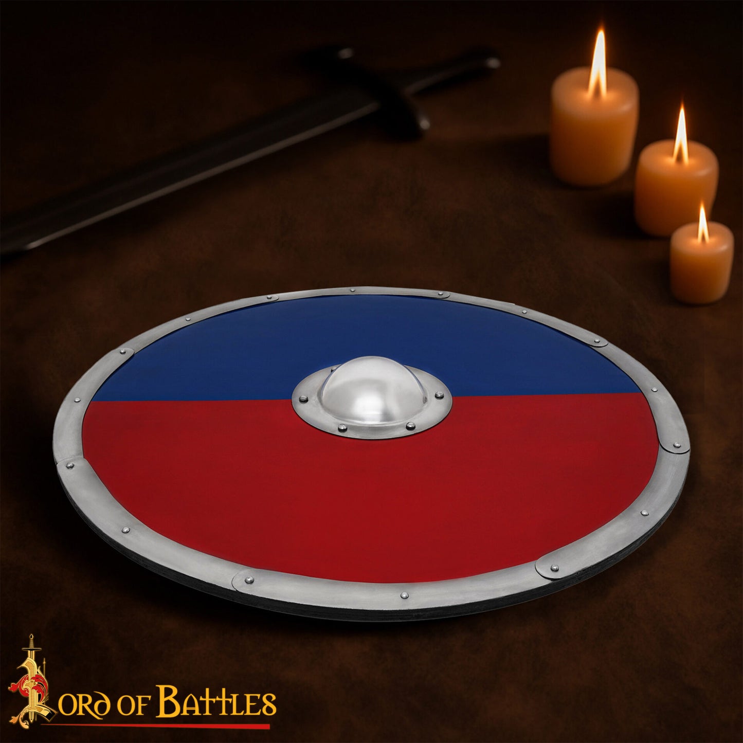 Escudo Redondo Vikingo 30" - Escudo Artesanal de Madera con Jefe de Acero - Pintura de Guerra Roja y Azul - Imagen 2