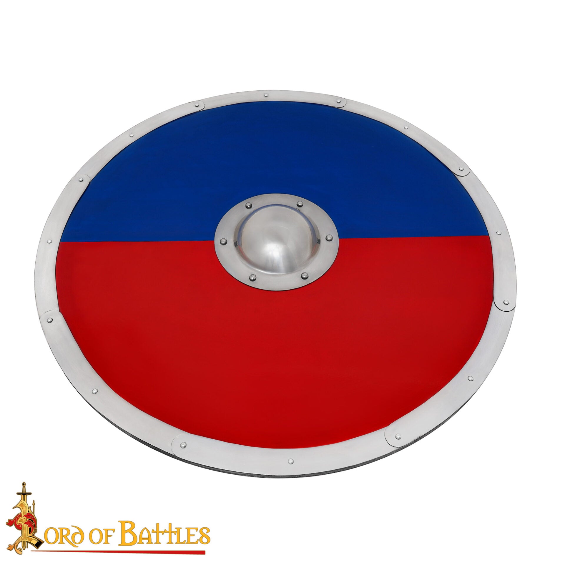 Escudo Redondo Vikingo 30" - Escudo Artesanal de Madera con Jefe de Acero - Pintura de Guerra Roja y Azul - Imagen 5