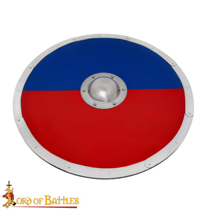 Escudo Redondo Vikingo 30" - Escudo Artesanal de Madera con Jefe de Acero - Pintura de Guerra Roja y Azul - Imagen 5