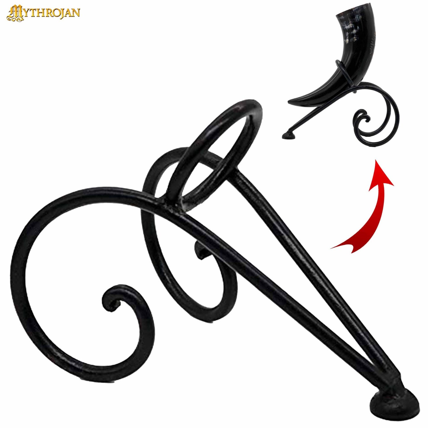 Mythrojan Soporte de Hierro Forjado a Mano para Cuerno de Cerveza Vikingo - Black Ale Horn Stand - Imagen 3