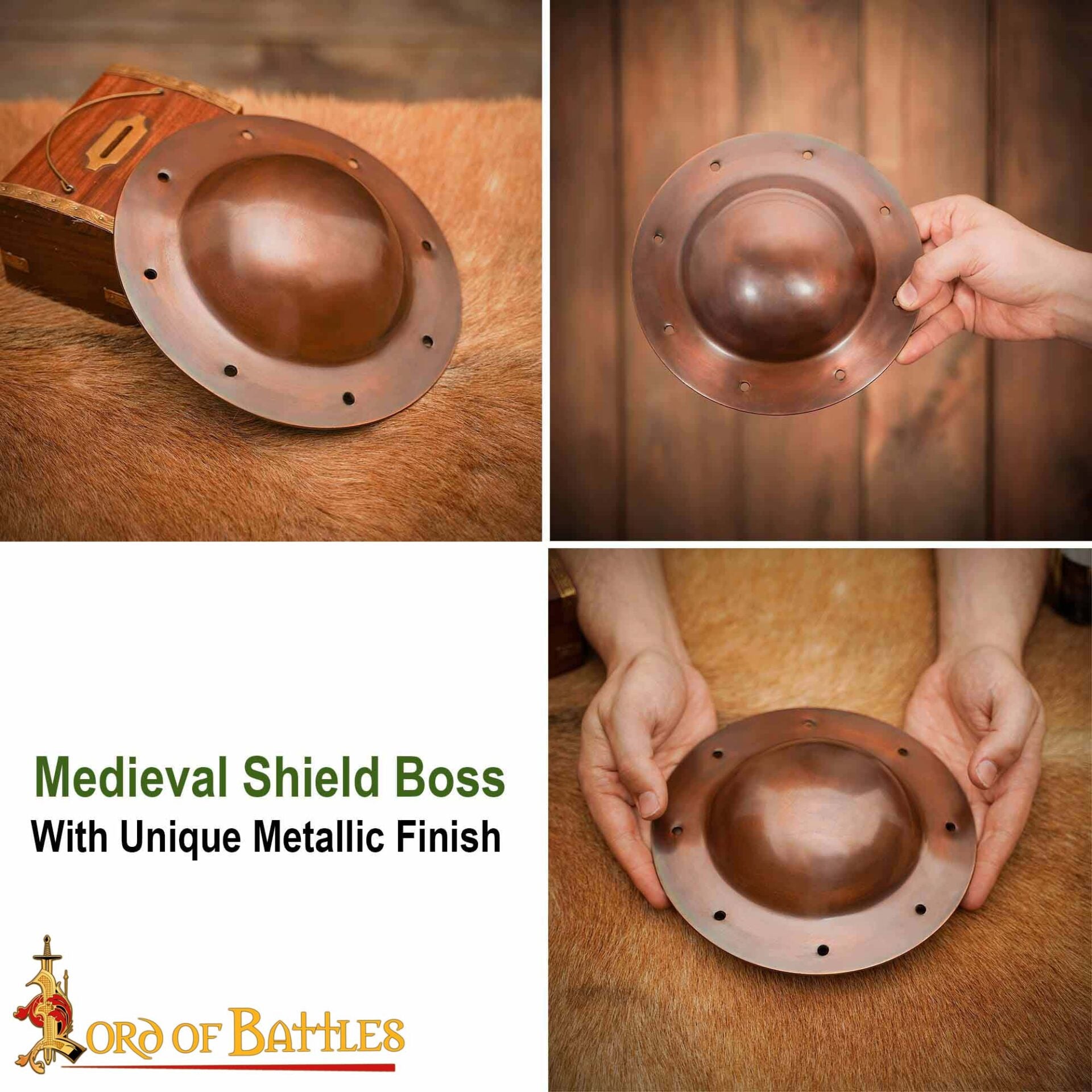 Umbo de Jefe de Escudo Medieval Chapado en Cobre de Calibre 14 con Remaches - Imagen 8