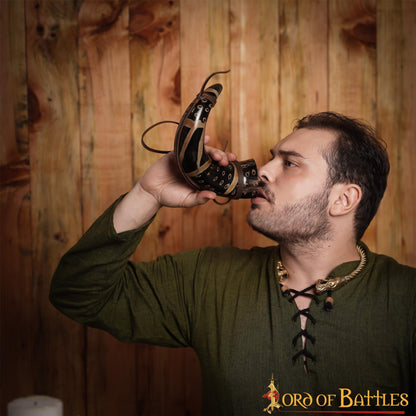 Cuerno Medieval para Beber 400 - 500 Ml con Cuerda de Cuero Hecho a Mano Verdadero Cuerno de Buey - Imagen 10