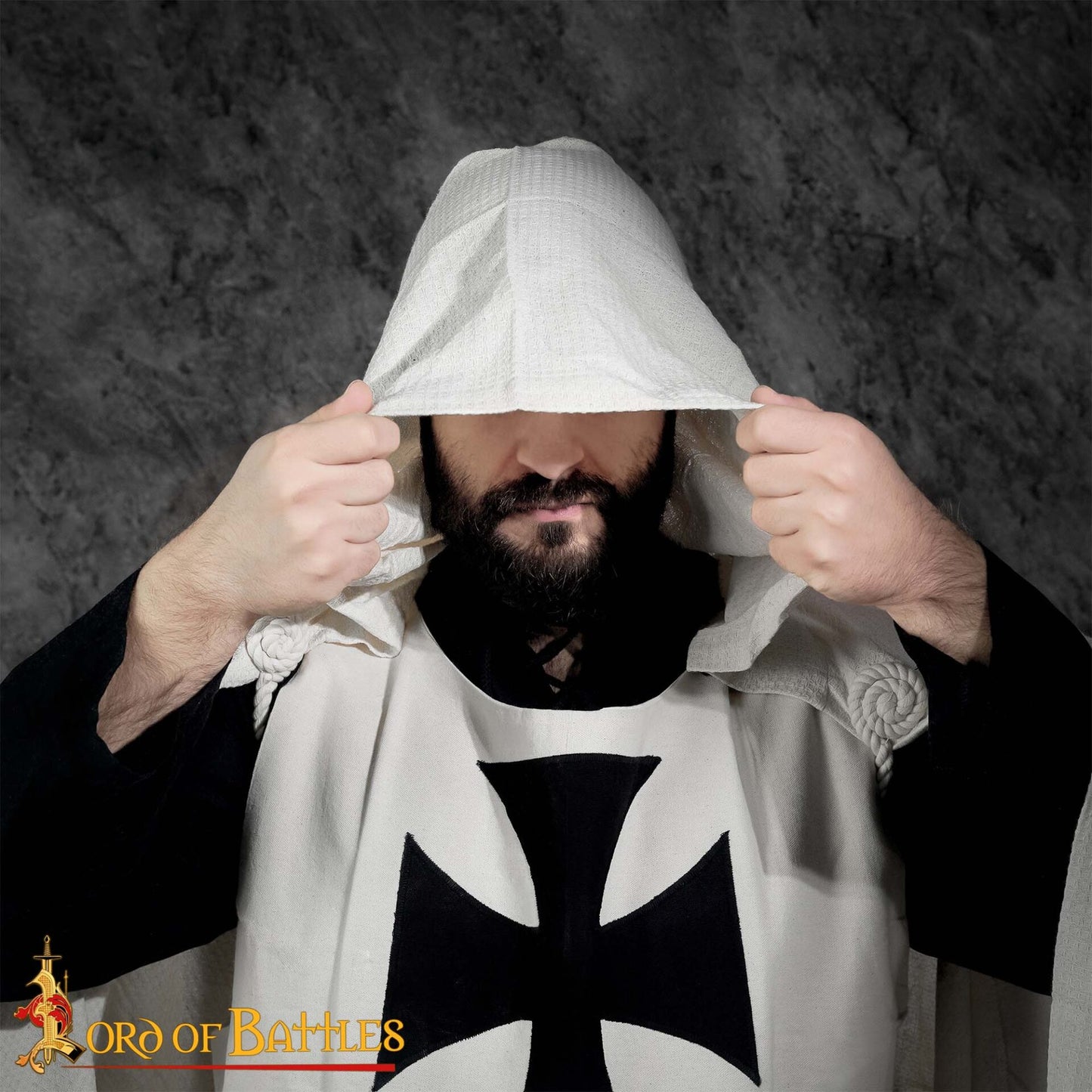 Capa de Caballero Templario con Capucha del Siglo Xiii - Capa de Cruzado de Algodón con Cruz Negra - Imagen 2