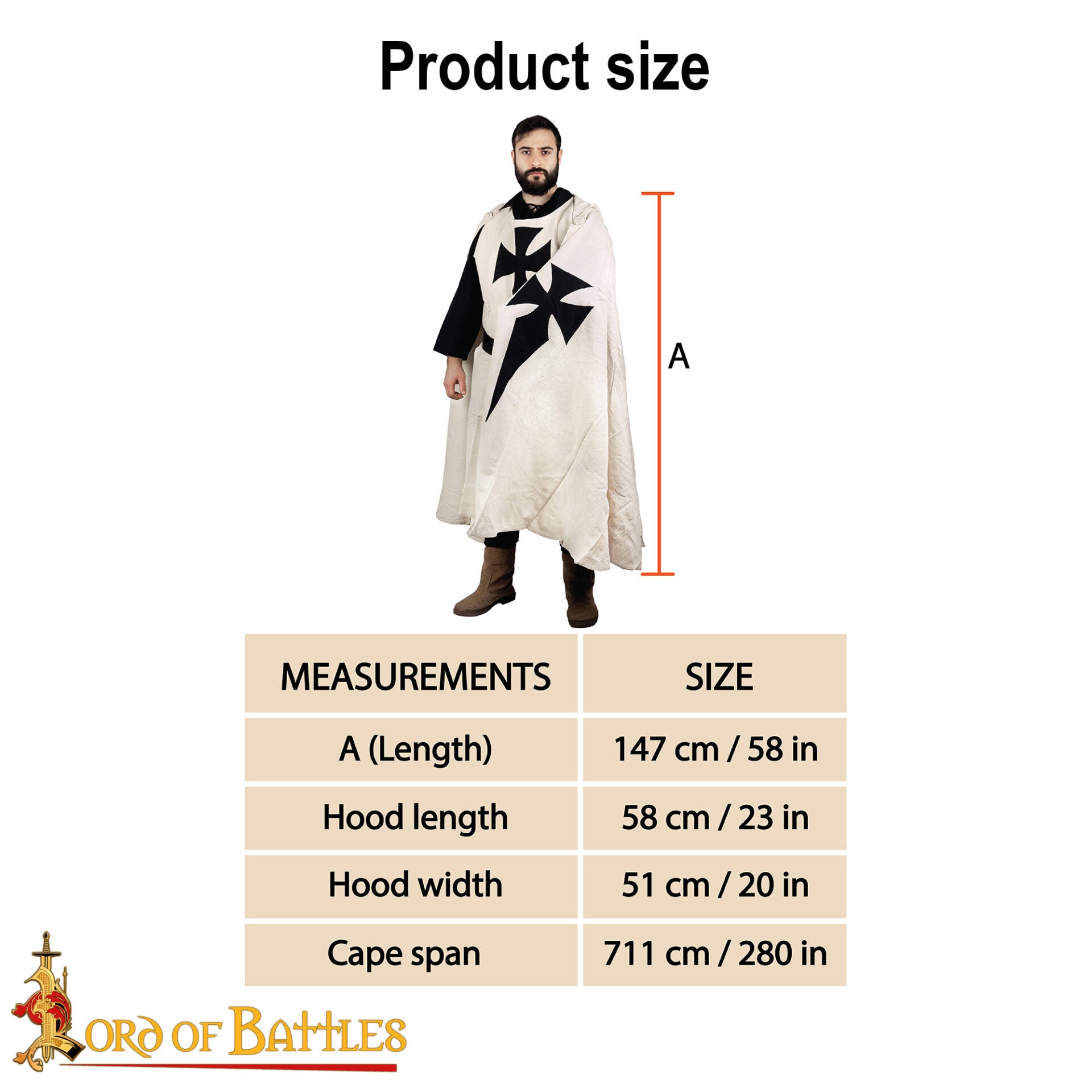 Capa de Caballero Templario con Capucha del Siglo Xiii - Capa de Cruzado de Algodón con Cruz Negra - Imagen 3