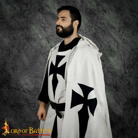 Capa de Caballero Templario con Capucha del Siglo Xiii - Capa de Cruzado de Algodón con Cruz Negra - Imagen 1