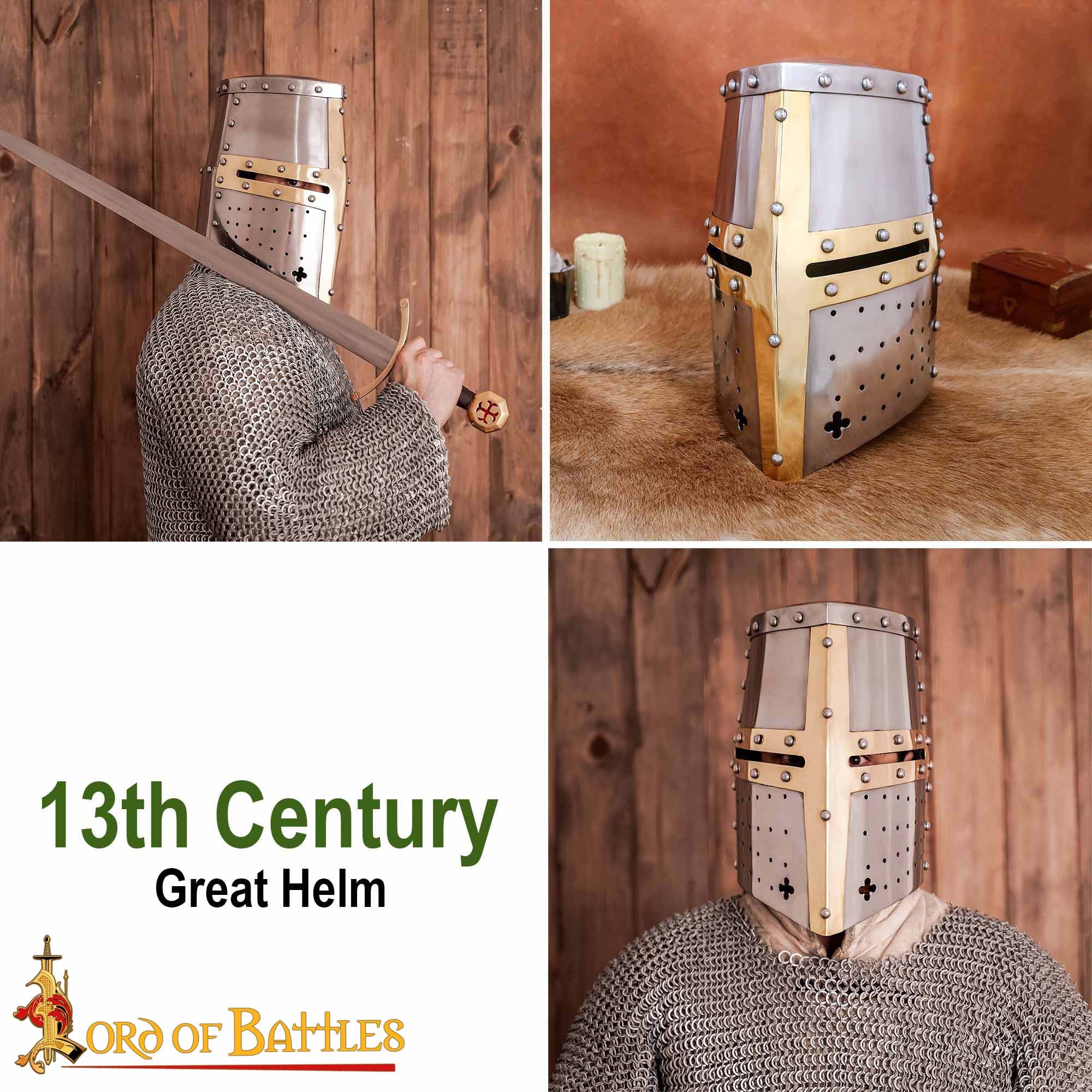 Crusader Knight Pot Helm Battle Ready con Cruz de Latón - Casco de Acero de Calibre 16 - Imagen 8