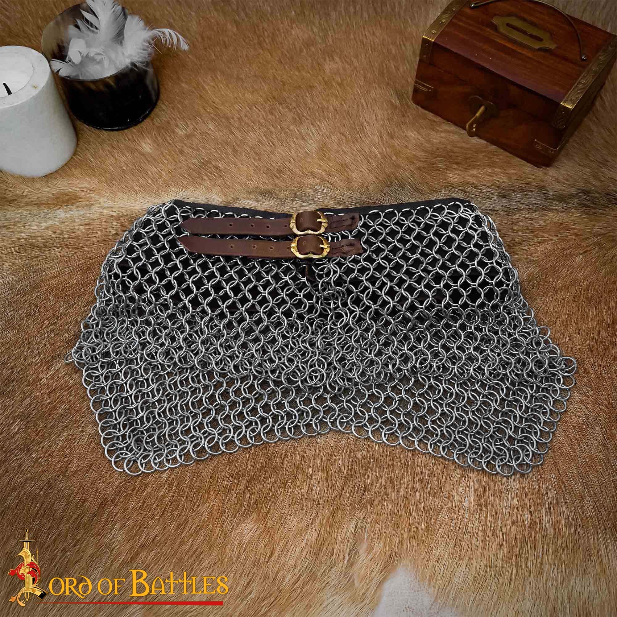 Cota de Malla Medieval - Anillos de Alta Resistencia a la Tracción con Adornos de Cuero - 9mm 16 Gauge Protección para el Cuello - Imagen 2