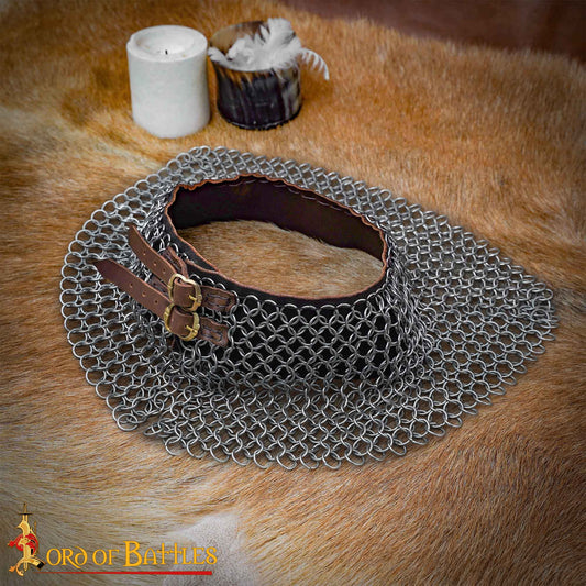 Cota de Malla Medieval - Anillos de Alta Resistencia a la Tracción con Adornos de Cuero - 9mm 16 Gauge Protección para el Cuello - Imagen 1