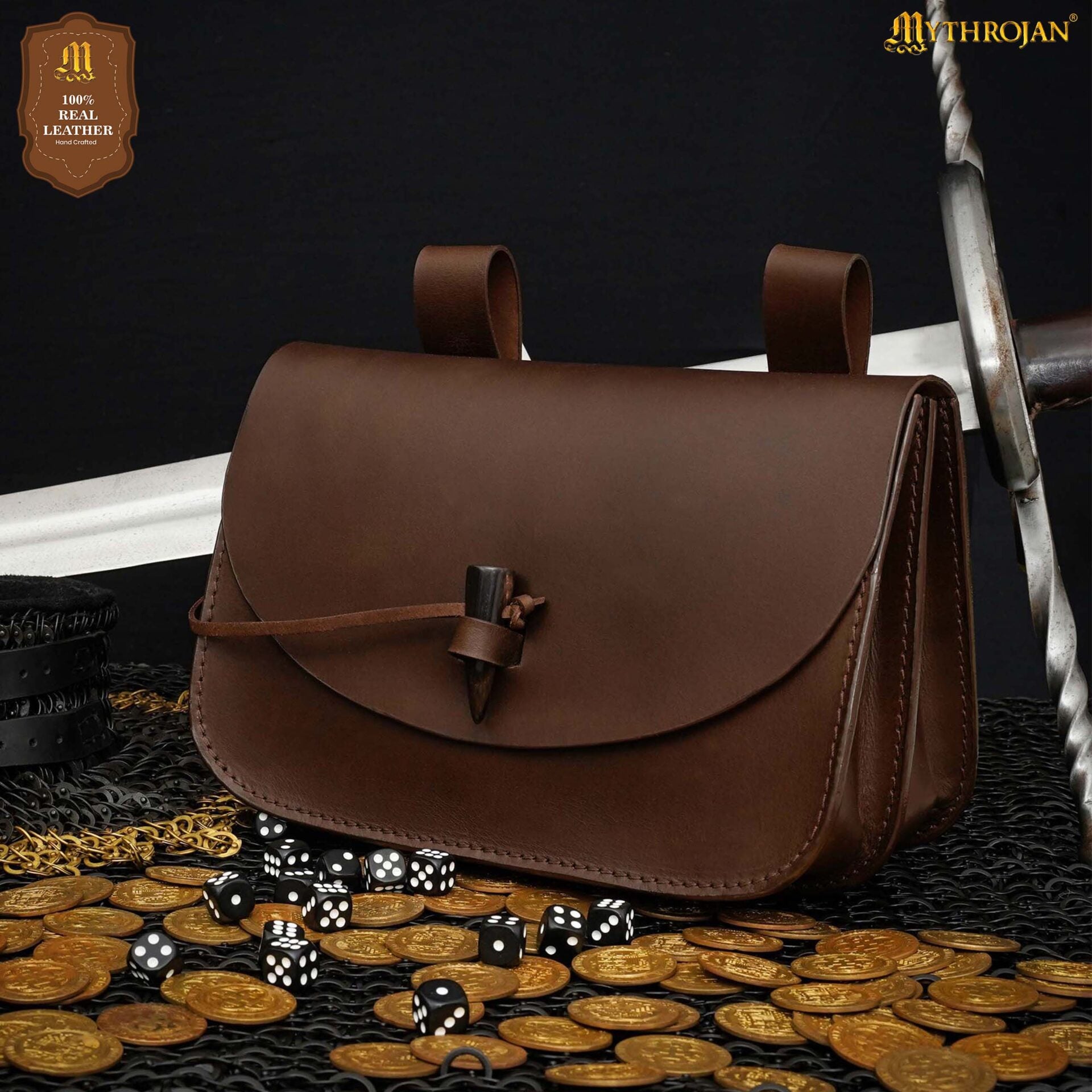Mythical Venture Medieval Leather Bag - Full Grain Brown Bolsa para Larp y Temas Medievales - Imagen 1