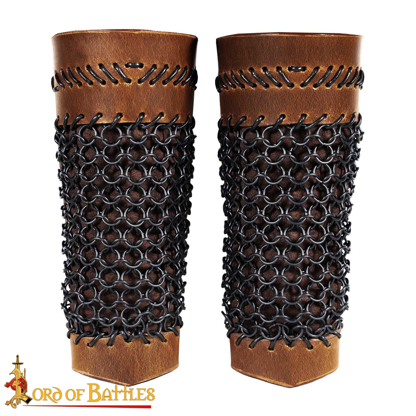 Brazales de Cuero Marrón y Cota de Malla - Guardabrazos Artesanales - Par de Brazaletes Protectores Medievales - Imagen 4