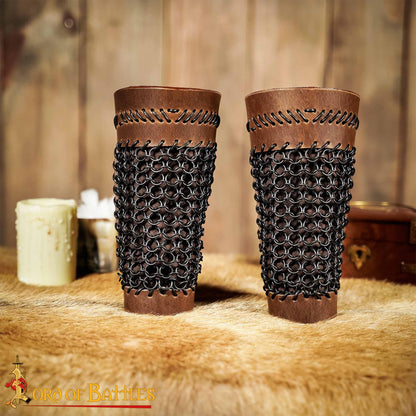 Brazales de Cuero Marrón y Cota de Malla - Guardabrazos Artesanales - Par de Brazaletes Protectores Medievales - Imagen 7