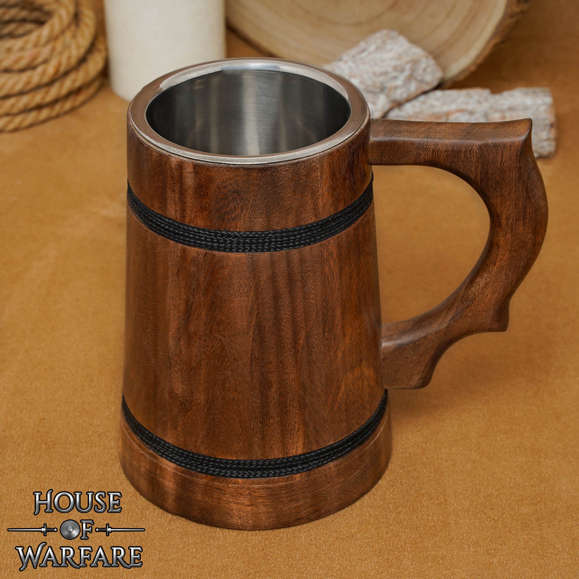 Jarra Vikinga de Madera con Revestimiento de Acero Inoxidable - Acabado Pulido - Imagen 1