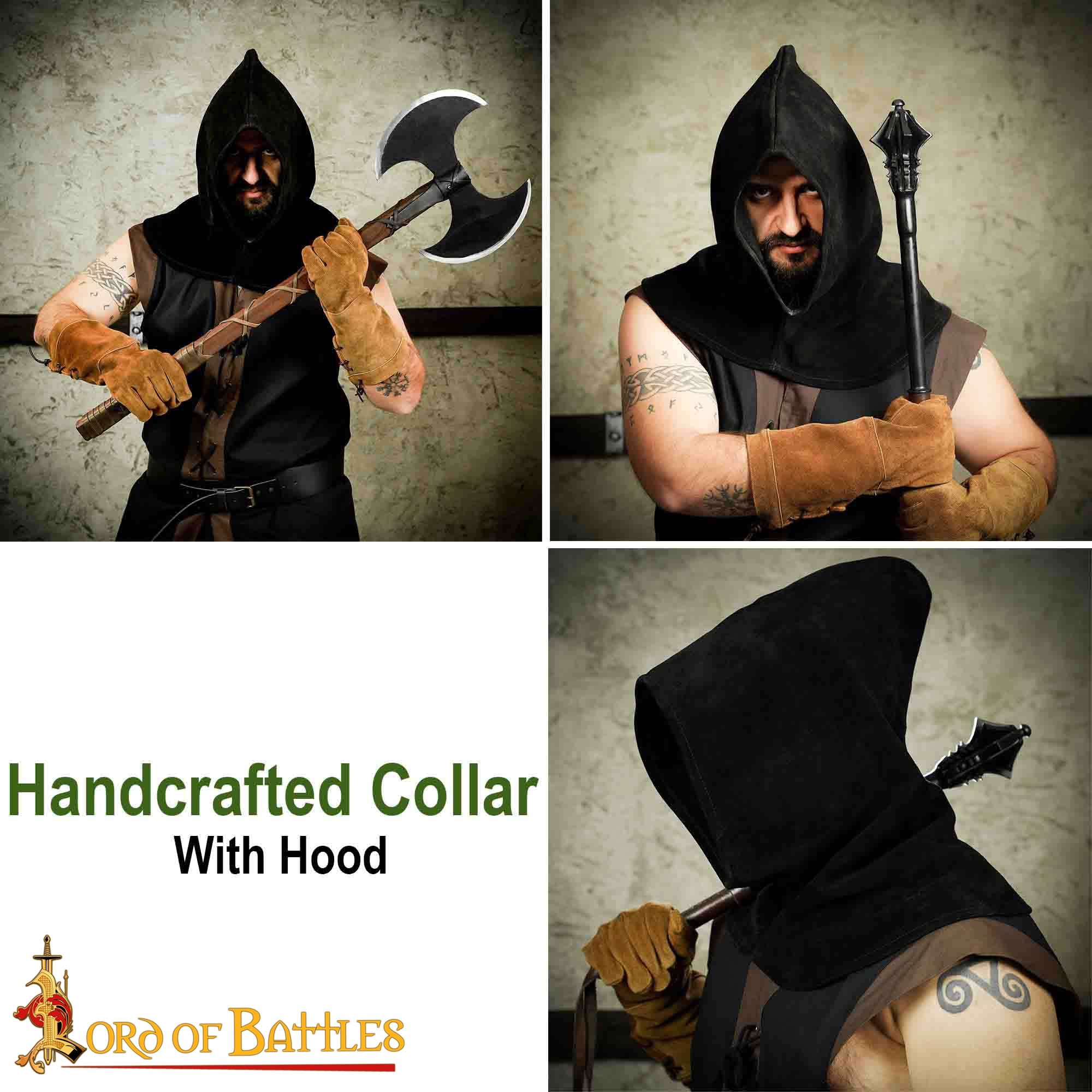 Capucha de Piel de Ante Negra con Cuello Ancho - Estilo Medieval Artesanal - Imagen 7