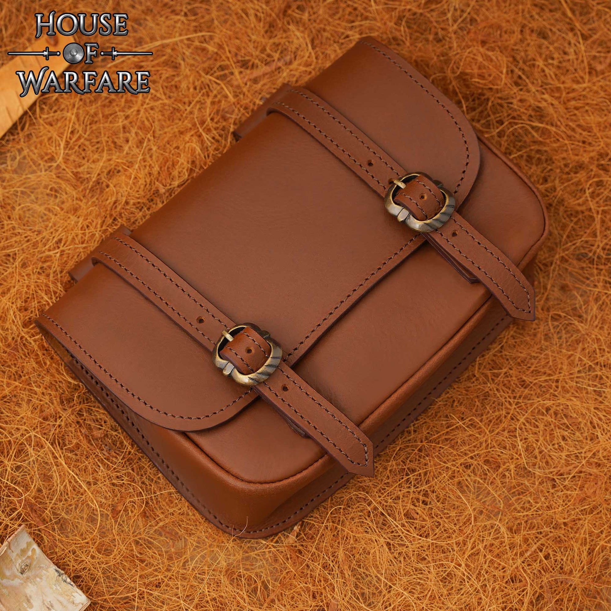 Riñonera Grande de Cuero Marrón Mercante - Bolsa Medieval con Hebillas Dobles de Latón - Imagen 7
