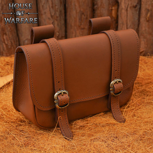 Riñonera Grande de Cuero Marrón Mercante - Bolsa Medieval con Hebillas Dobles de Latón - Imagen 1