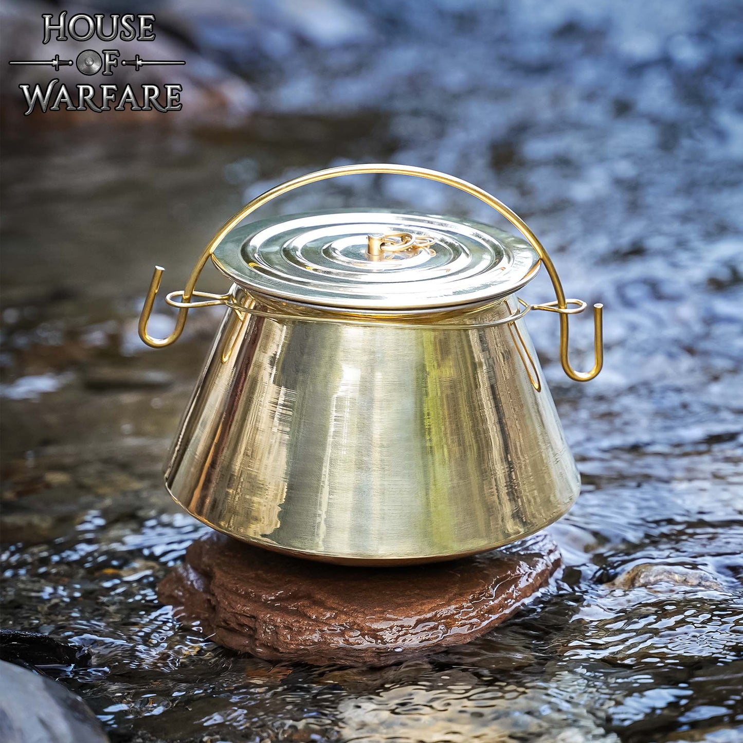 Hervidor Medieval de Latón con Tapa - Olla Histórica para Cocinar Al Aire Libre y en Hogueras - Caldero de Latón Pulido Hecho a Mano - Imagen 1