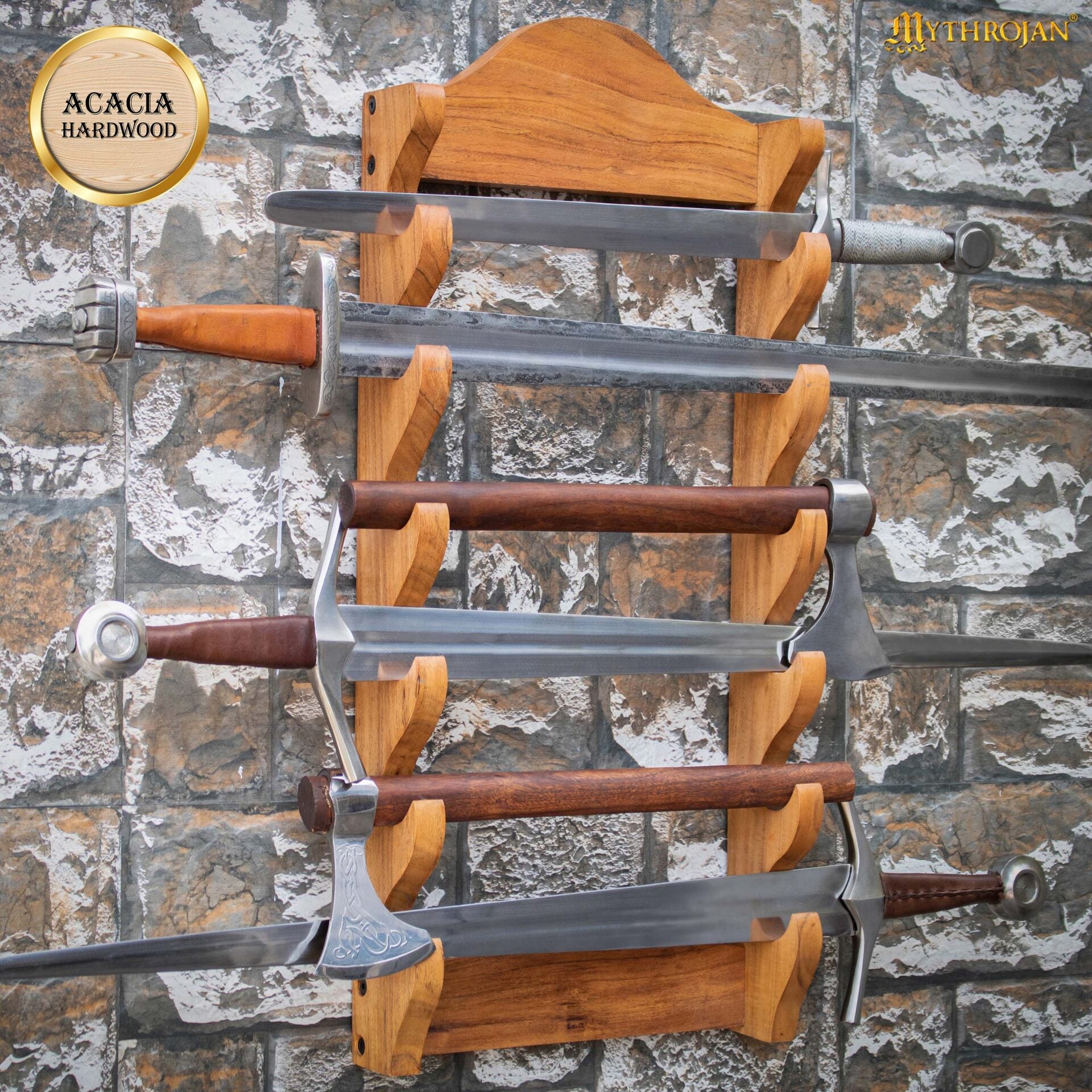 Soporte de Madera para Espadas de Un Nivel | Estante de Madera Maciza con Acabado Natural | Exposición de Armas Medievales y Victorianas - Imagen 2