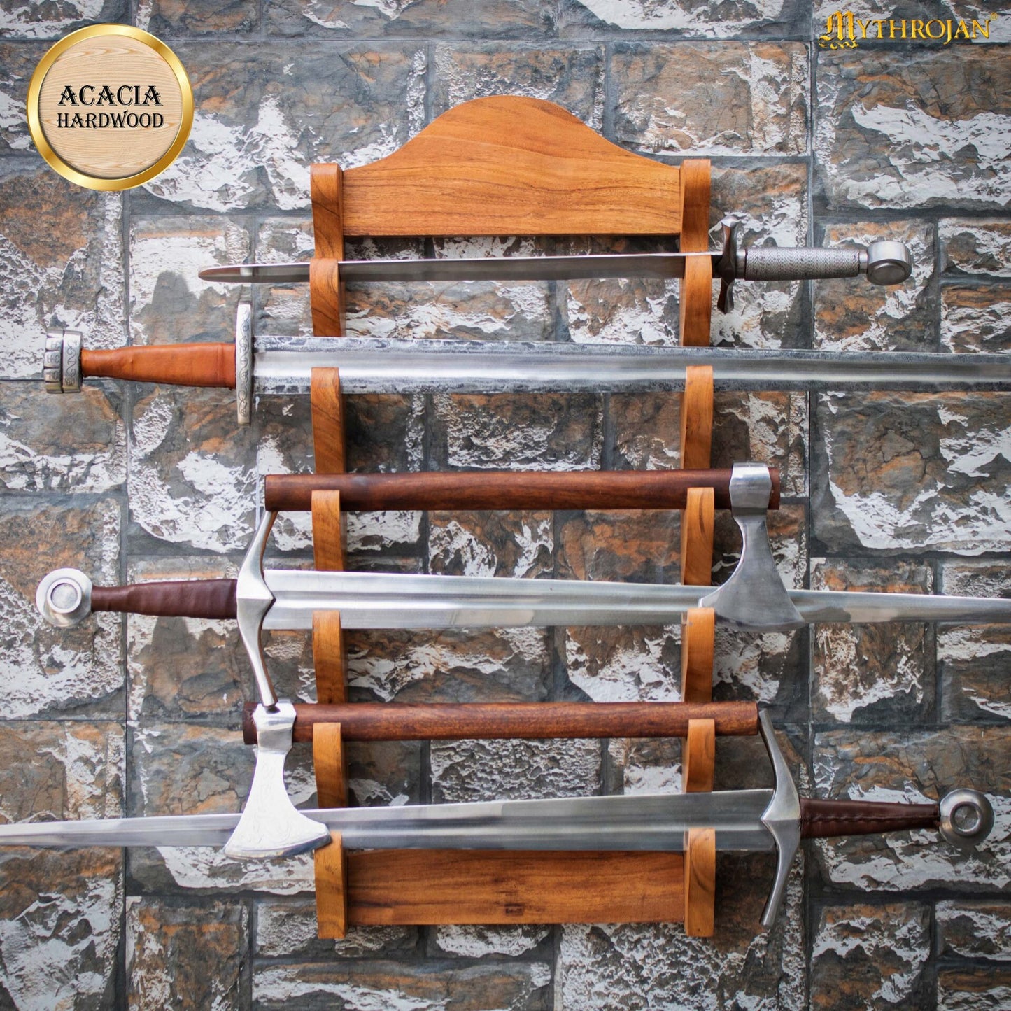 Soporte de Madera para Espadas de Un Nivel | Estante de Madera Maciza con Acabado Natural | Exposición de Armas Medievales y Victorianas - Imagen 5