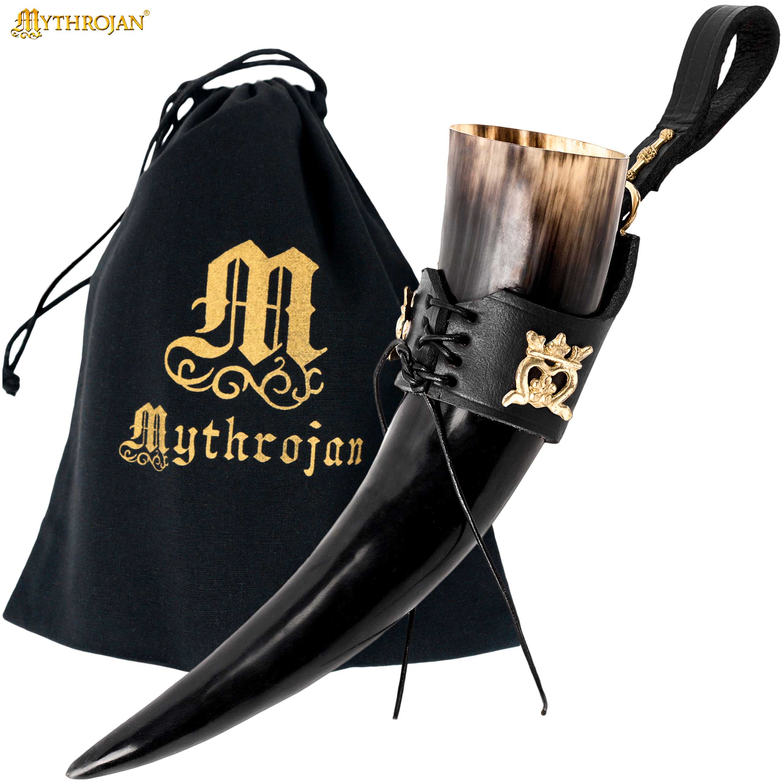Mythrojan The Elegant Lady Cuerno Vikingo para Beber con Soporte de Cuero Negro Auténtica Taza Vikinga Inspirada en la Edad Media - Acabado Pulido - Imagen 1