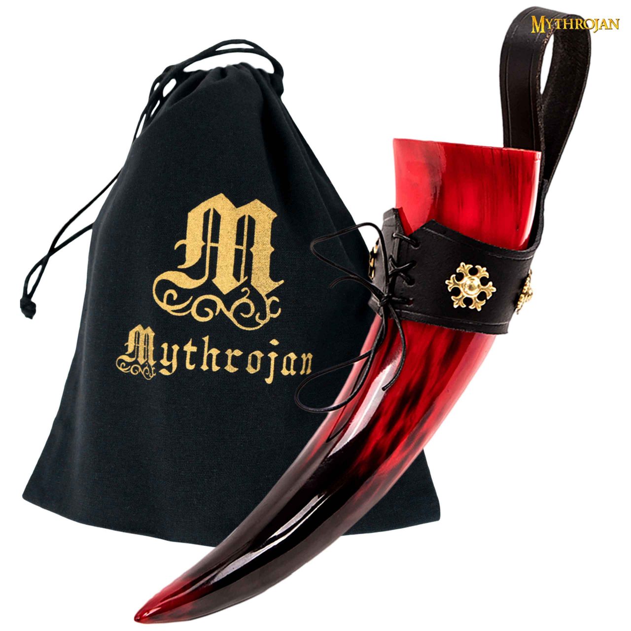 Taza Medieval para Beber Hidromiel 400ml Rojo Vikingo Cuerno de Buey con Soporte de Cuero Negro Pulido - Imagen 8