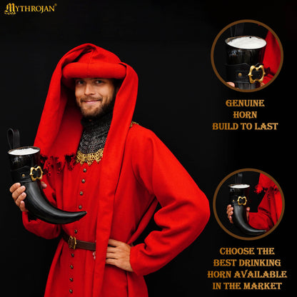 Mythrojan The Loyal Soldier - Vikingo Cuerno para Beber con Soporte de Cuero Negro Auténtica Jarra de Vino / Cabeza Vikinga de Inspiración Medieval - Acabado Pulido - 400ml - Imagen 2