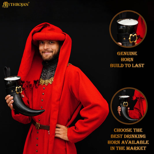 Mythrojan The Loyal Soldier - Vikingo Cuerno para Beber con Soporte de Cuero Negro Auténtica Jarra de Vino / Cabeza Vikinga de Inspiración Medieval - Acabado Pulido - 400ml - Imagen 2