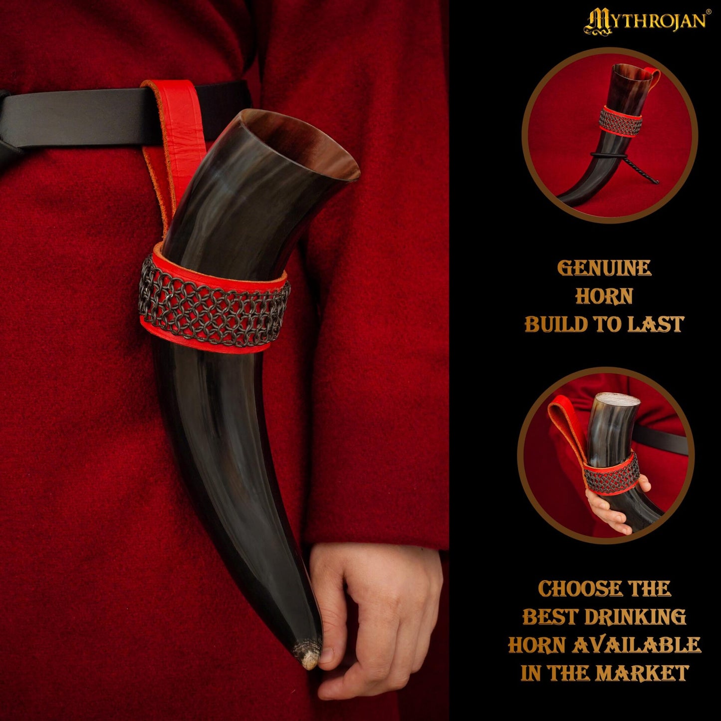 Mythrojan The Witcher Companion Vikingo Cuerno para Beber con Soporte de Cuero Rojo Auténtica Taza Vikinga Inspirada en la Edad Media - Acabado Pulido - Imagen 2