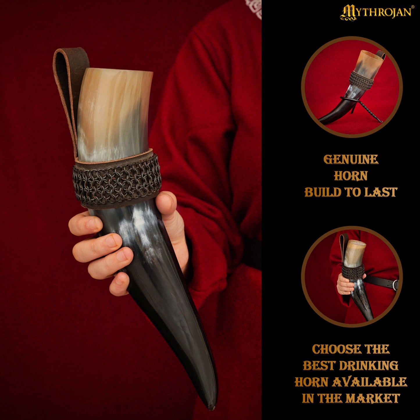 Mythrojan The Witcher Companion Vikingo Cuerno para Beber con Soporte de Cuero Marrón Auténtica Taza de Vino/madera Vikinga de Inspiración Medieval - Acabado Pulido 400 Ml - Imagen 2