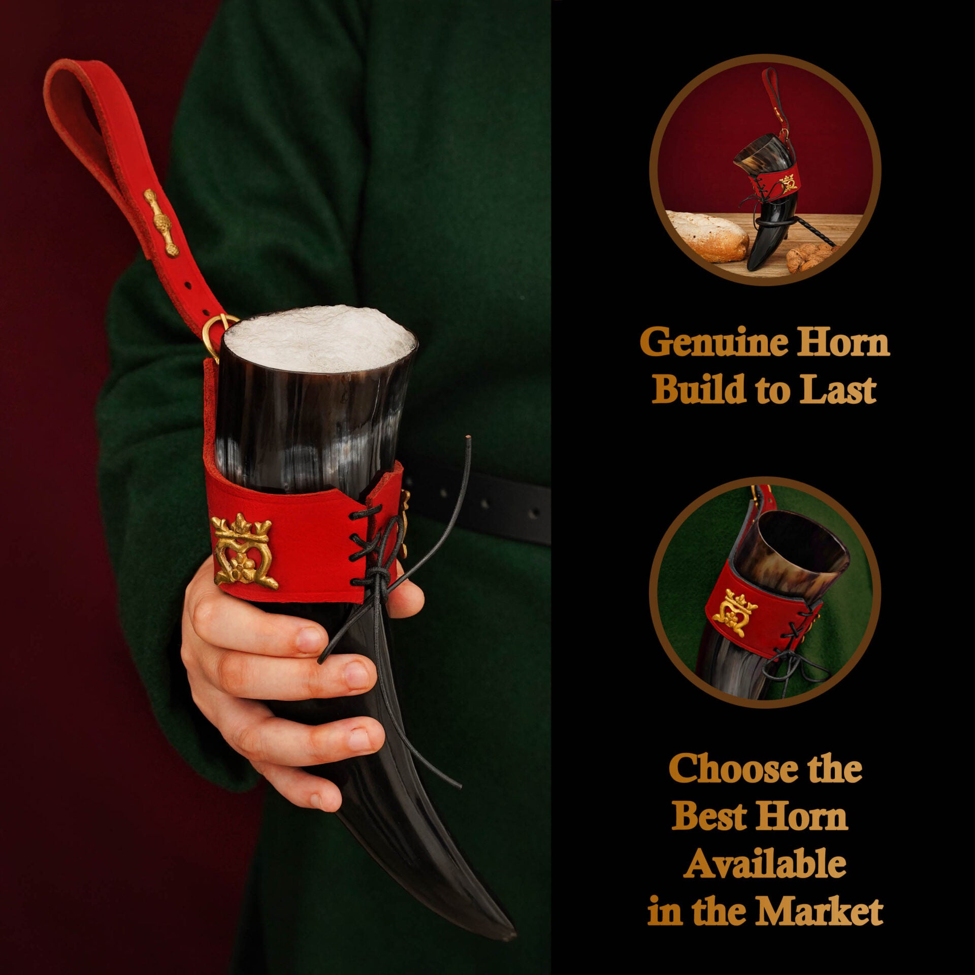 Mythrojan The Elegant Lady 250 Ml Cuerno Vikingo para Beber con Soporte de Cuero Rojo - Imagen 2