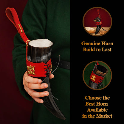 Mythrojan The Elegant Lady 250 Ml Cuerno Vikingo para Beber con Soporte de Cuero Rojo - Imagen 2