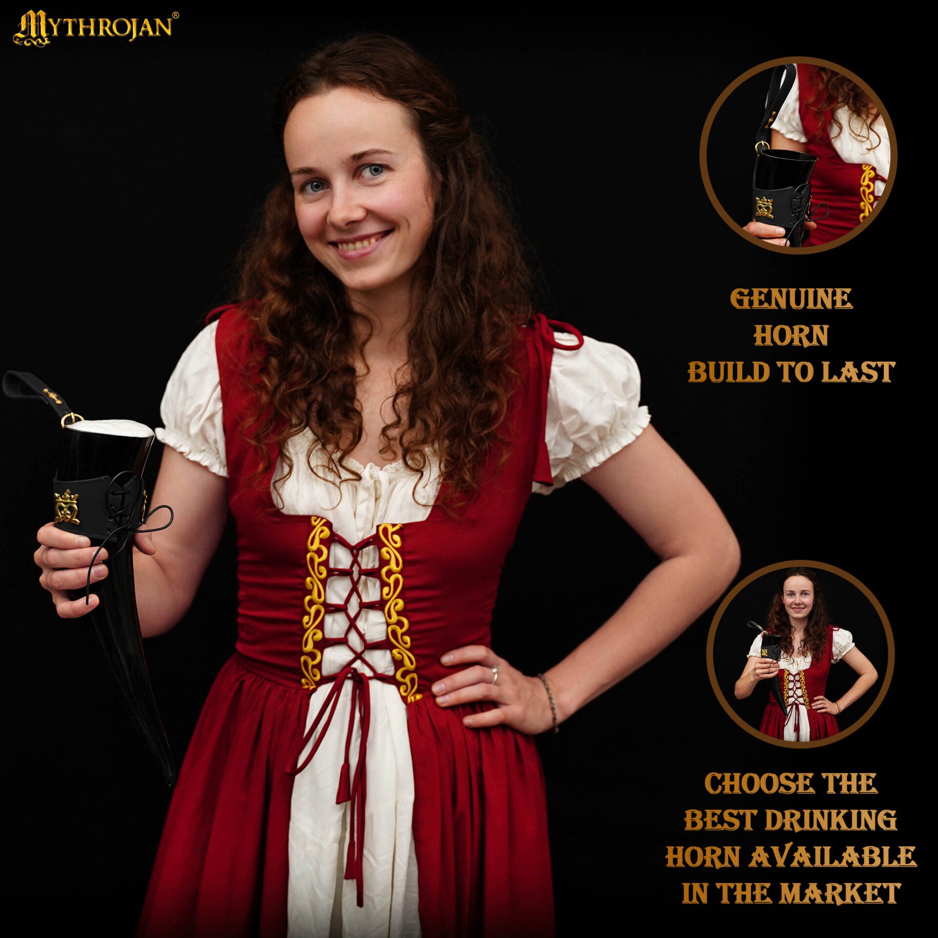 Mythrojan The Elegant Lady Cuerno Vikingo para Beber con Soporte de Cuero Negro Auténtica Taza Vikinga Inspirada en la Edad Media - Acabado Pulido - Imagen 2