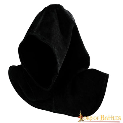 Capucha de Piel de Ante Negra con Cuello Ancho - Estilo Medieval Artesanal - Imagen 9