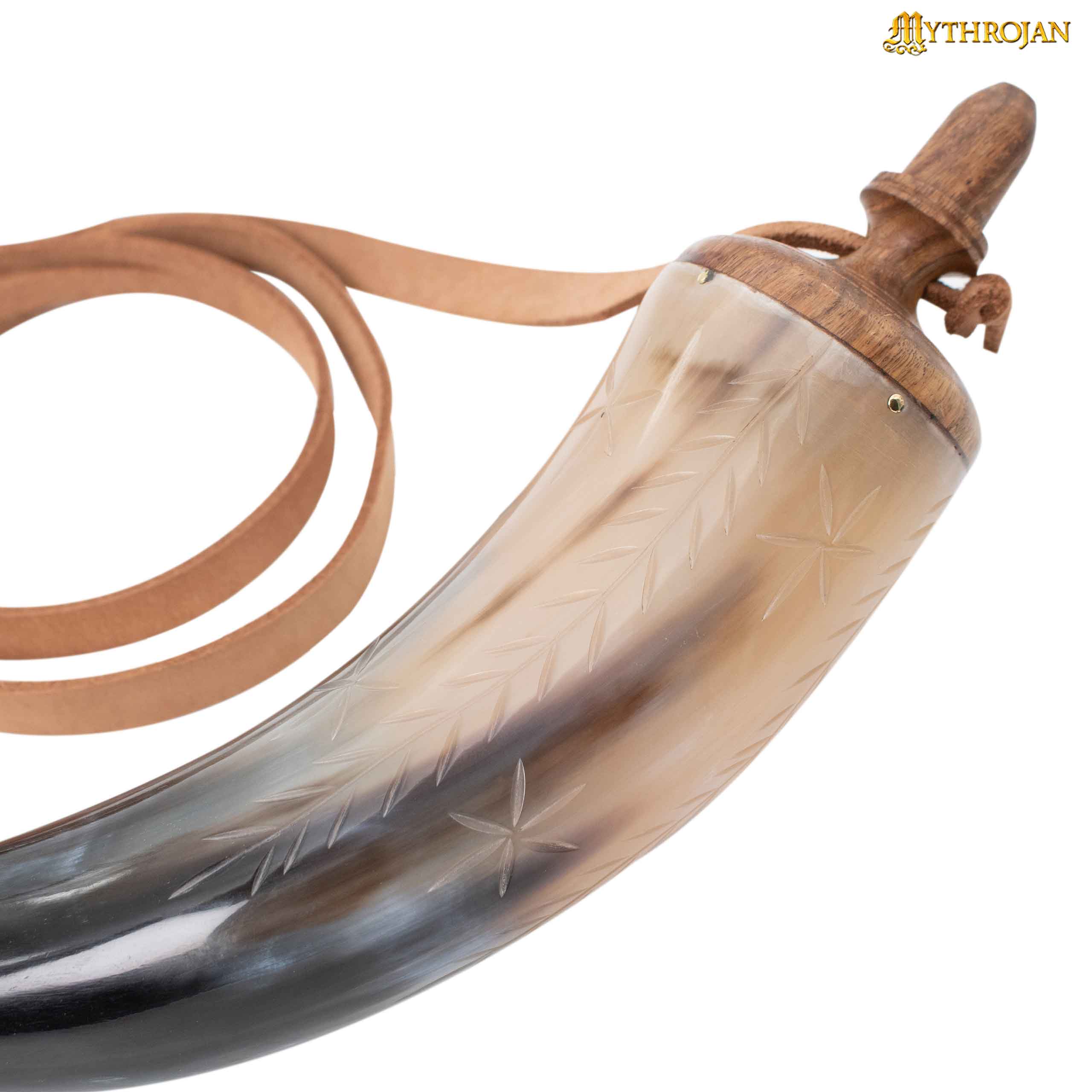 Mythrojan Pólvora Tallada a Mano 14" Cuerno con Correa de Cuero Natural - Imagen 2