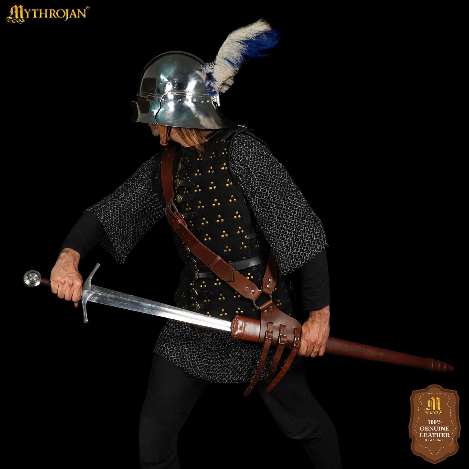 Mythrojan Baldric Cinturón de Espada de Cuero Funda Daga Medieval - Mano Derecha Marrón - Imagen 2