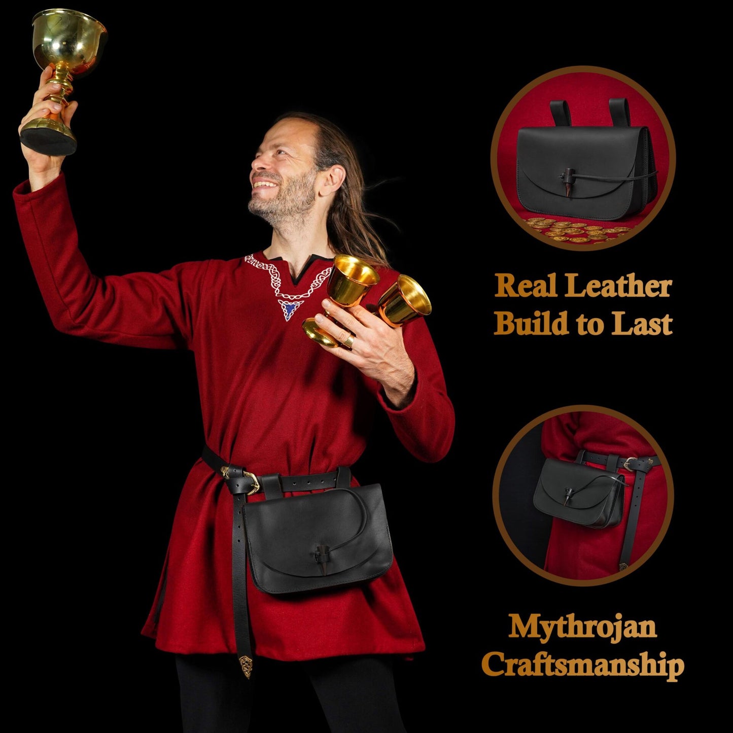 Mythrojan Extra Grande Marrón Medieval Cinturón de Cuero Bolsa Renaisance Accesorio Larp Bolsa - Negro - Imagen 2