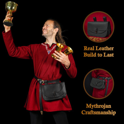 Mythrojan Extra Grande Marrón Medieval Cinturón de Cuero Bolsa Renaisance Accesorio Larp Bolsa - Negro - Imagen 2
