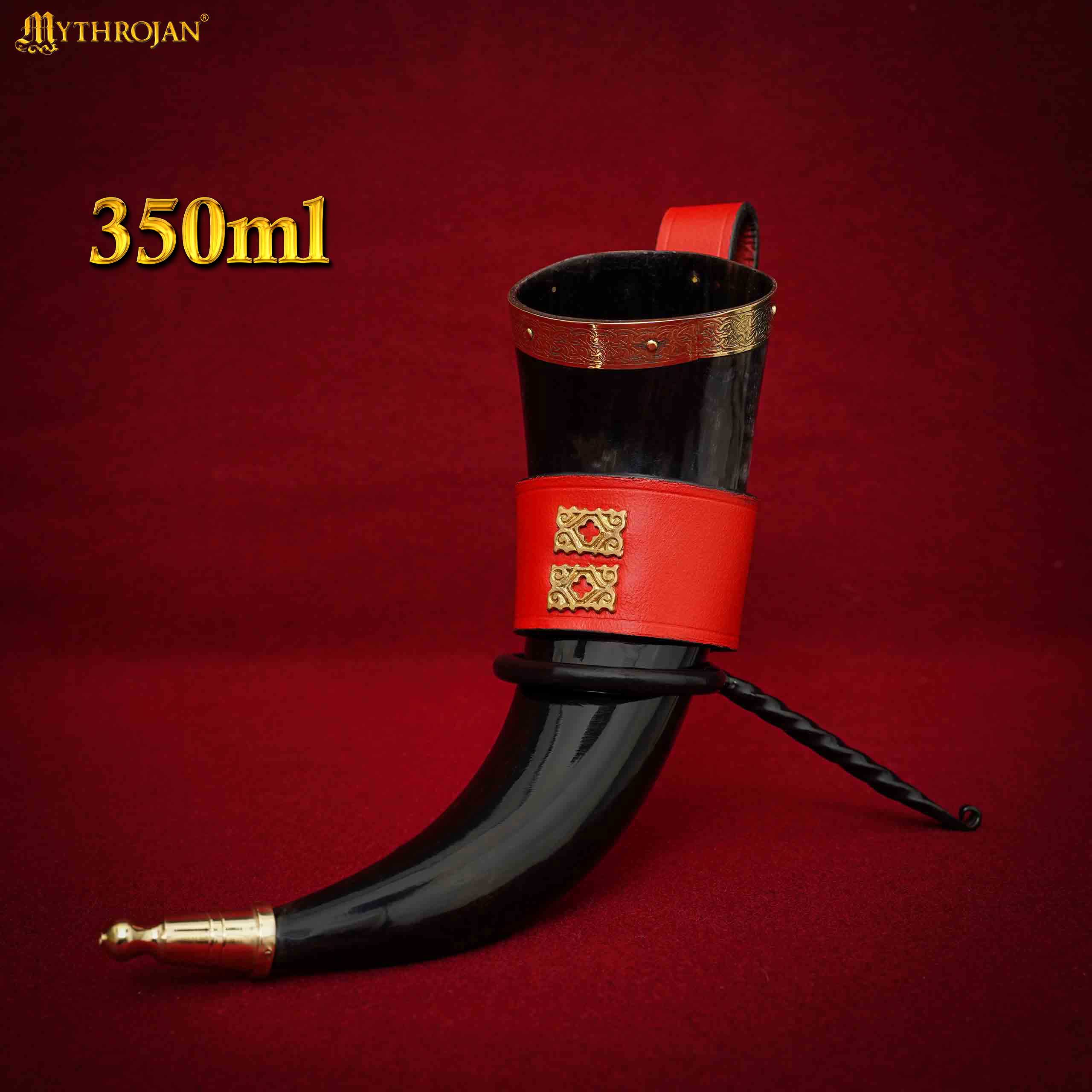 Mythrojan The Wealthy Merchant - Viking Drinking Horn With Red Leather Holder Authentic Medieval Inspired Viking Wine/mead Mug - Polished Finish - 350 Ml - Imagen 2
