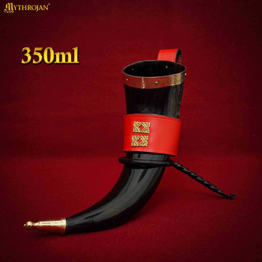 Mythrojan The Wealthy Merchant - Viking Drinking Horn With Red Leather Holder Authentic Medieval Inspired Viking Wine/mead Mug - Polished Finish - 350 Ml - Imagen 2