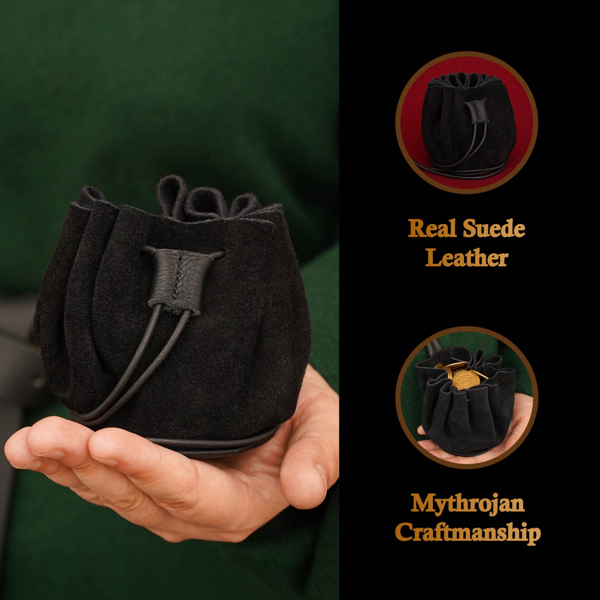 Mythrojan Medieval Joyería Cinturón Bolsa Larp Renacimiento Riñonera Negro - Imagen 6