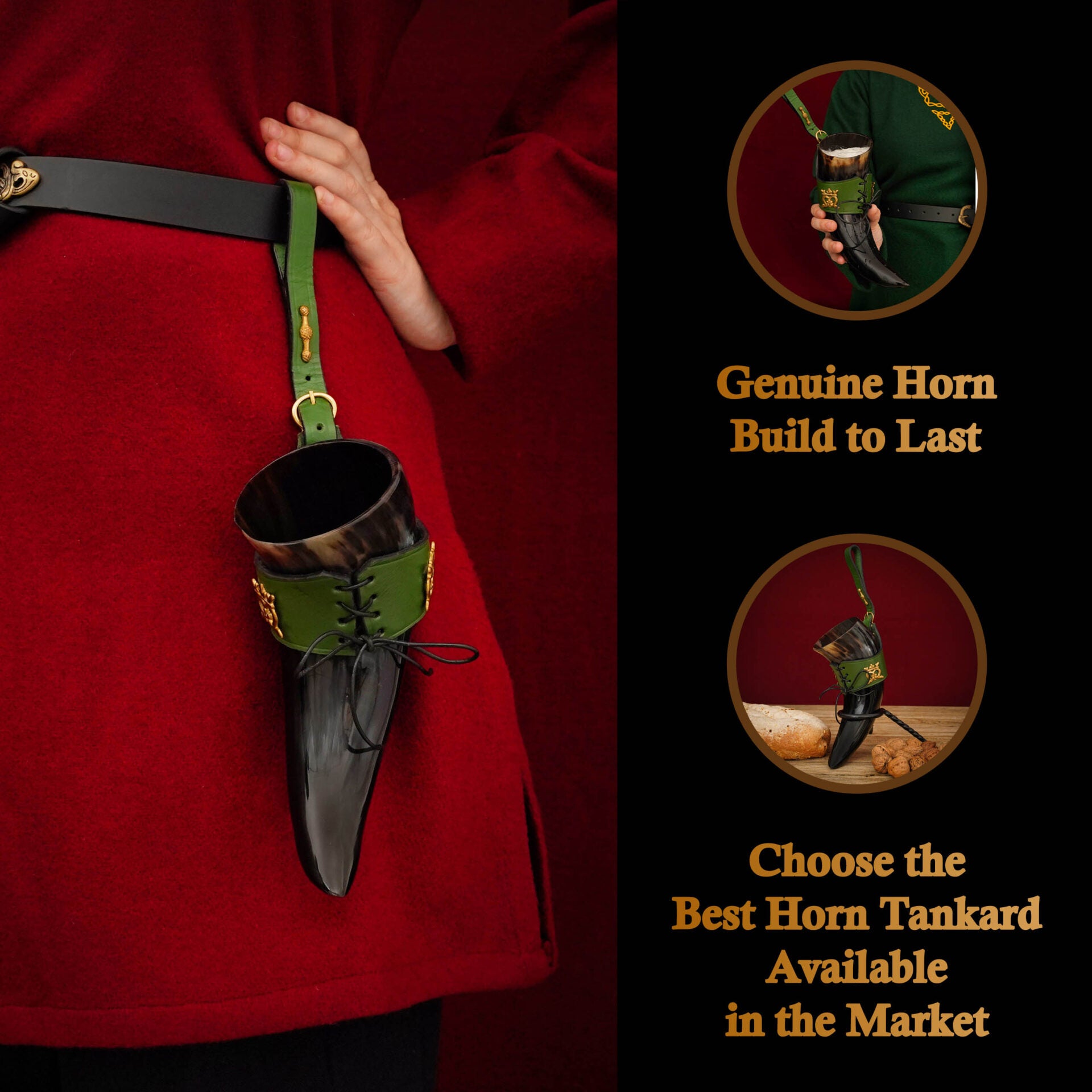 Mythrojan The Elegant Lady 250 Ml Cuerno Vikingo para Beber con Funda de Cuero Verde - Imagen 2