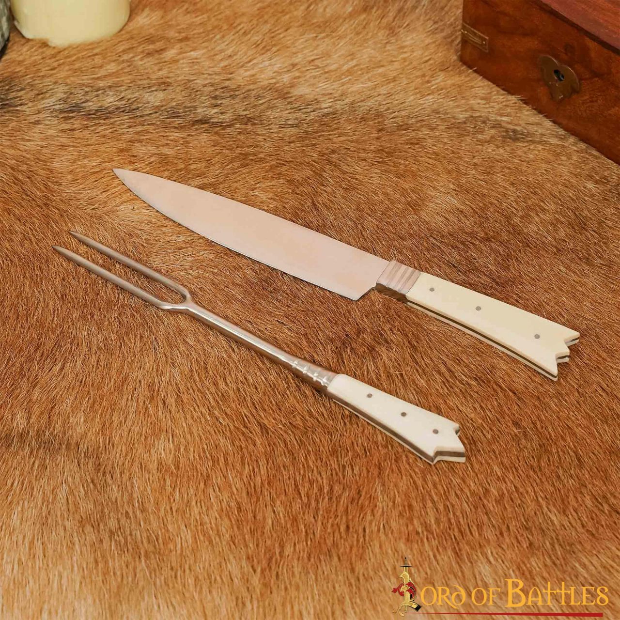 Cubertería Medieval Cuchillo y Tenedor Acero Inoxidable con Mango de Hueso - Imagen 1