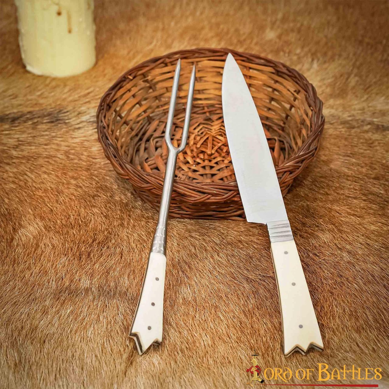 Cubertería Medieval Cuchillo y Tenedor Acero Inoxidable con Mango de Hueso - Imagen 5