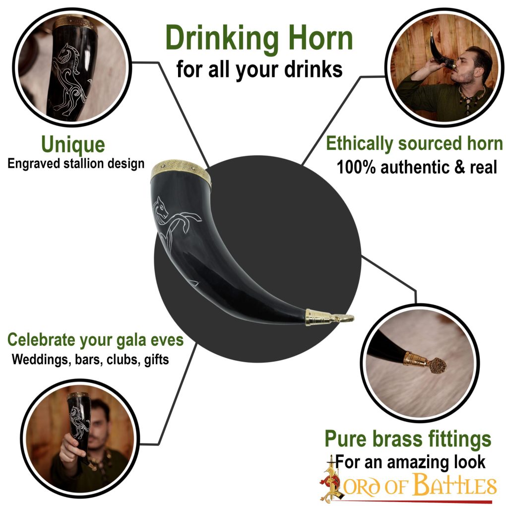 Cuerno Medieval para Beber 300-350 Ml con Accesorios de Latón Macizo Puro Cuerno de Buey Auténtico - Imagen 4