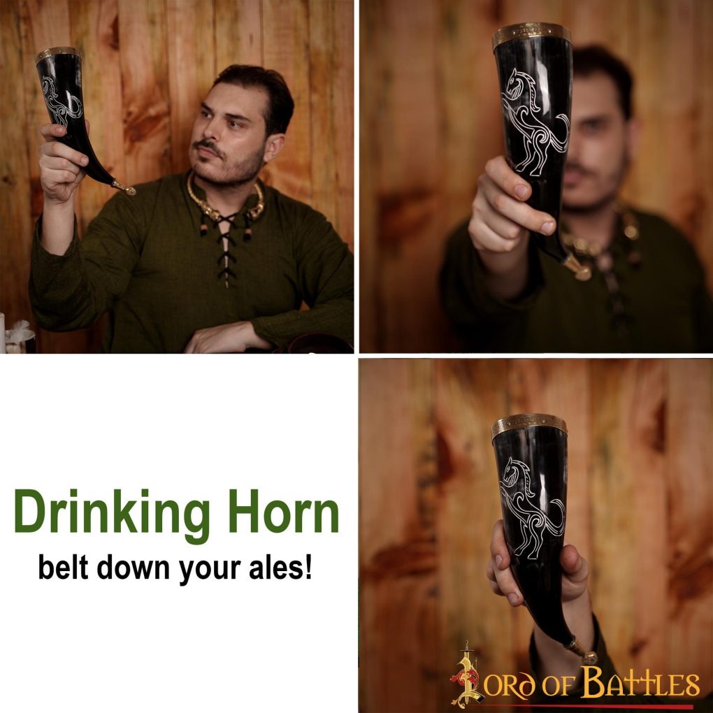 Cuerno Medieval para Beber 300-350 Ml con Accesorios de Latón Macizo Puro Cuerno de Buey Auténtico - Imagen 5