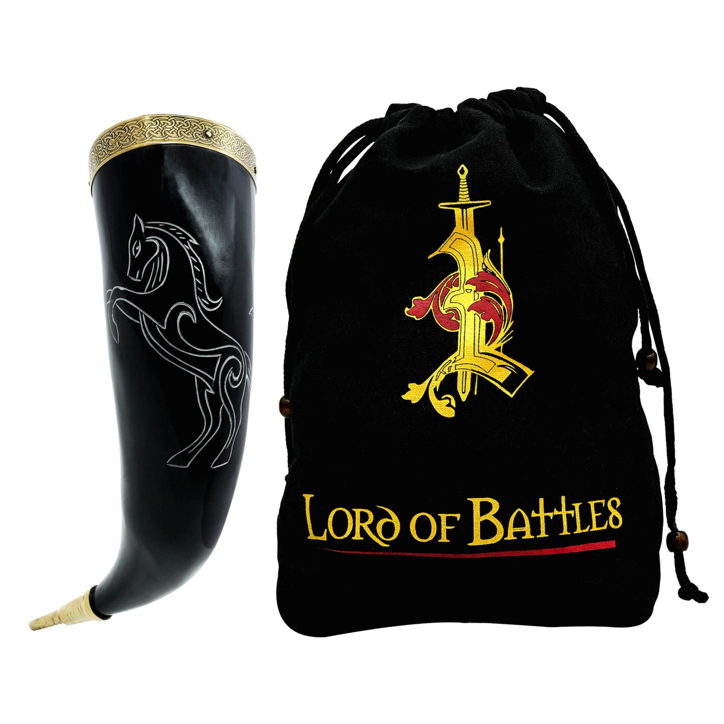 Cuerno Medieval para Beber 300-350 Ml con Accesorios de Latón Macizo Puro Cuerno de Buey Auténtico - Imagen 1