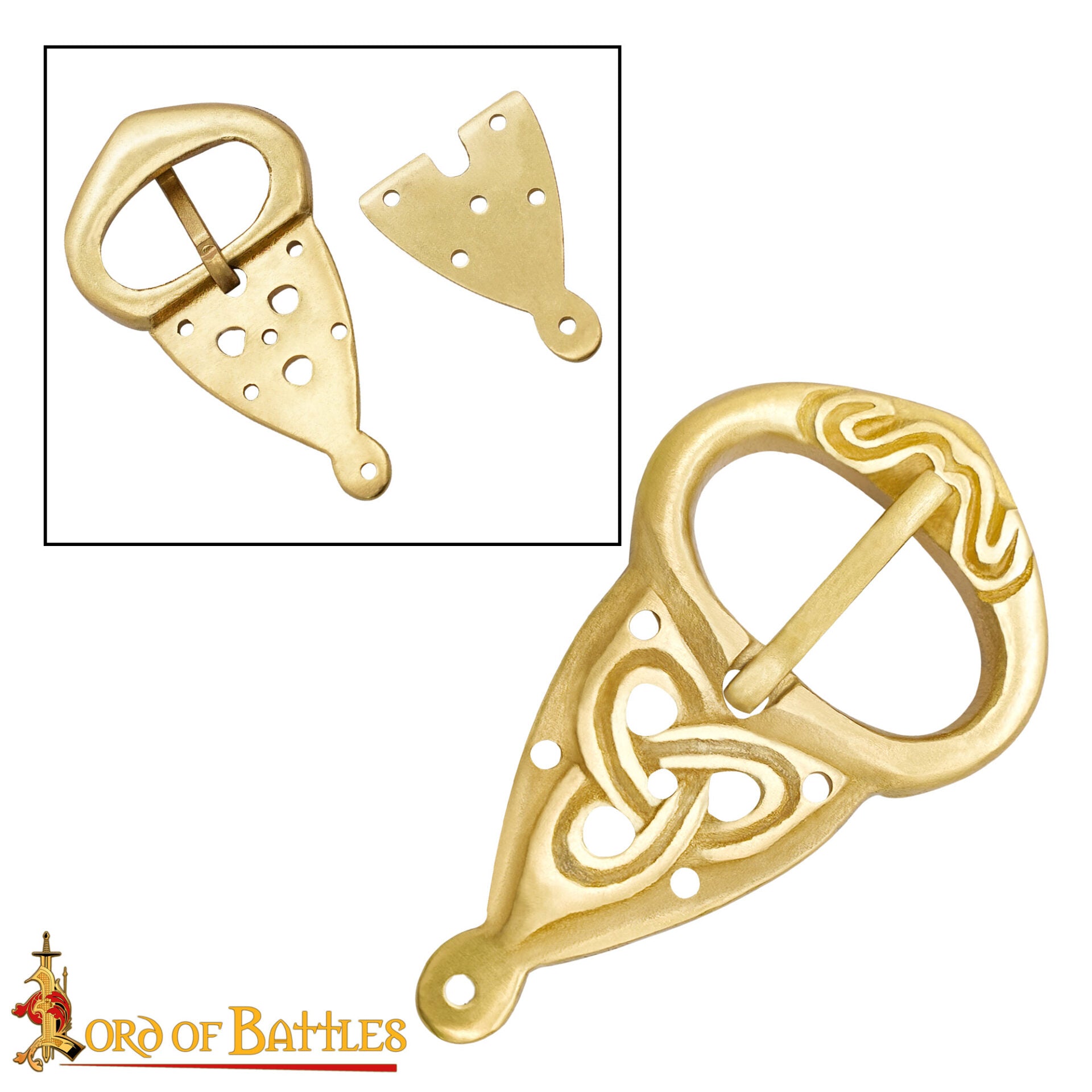 Hebilla de Cinturón Vikinga con Placa Posterior Nudos Celtas Latón Puro - Imagen 2