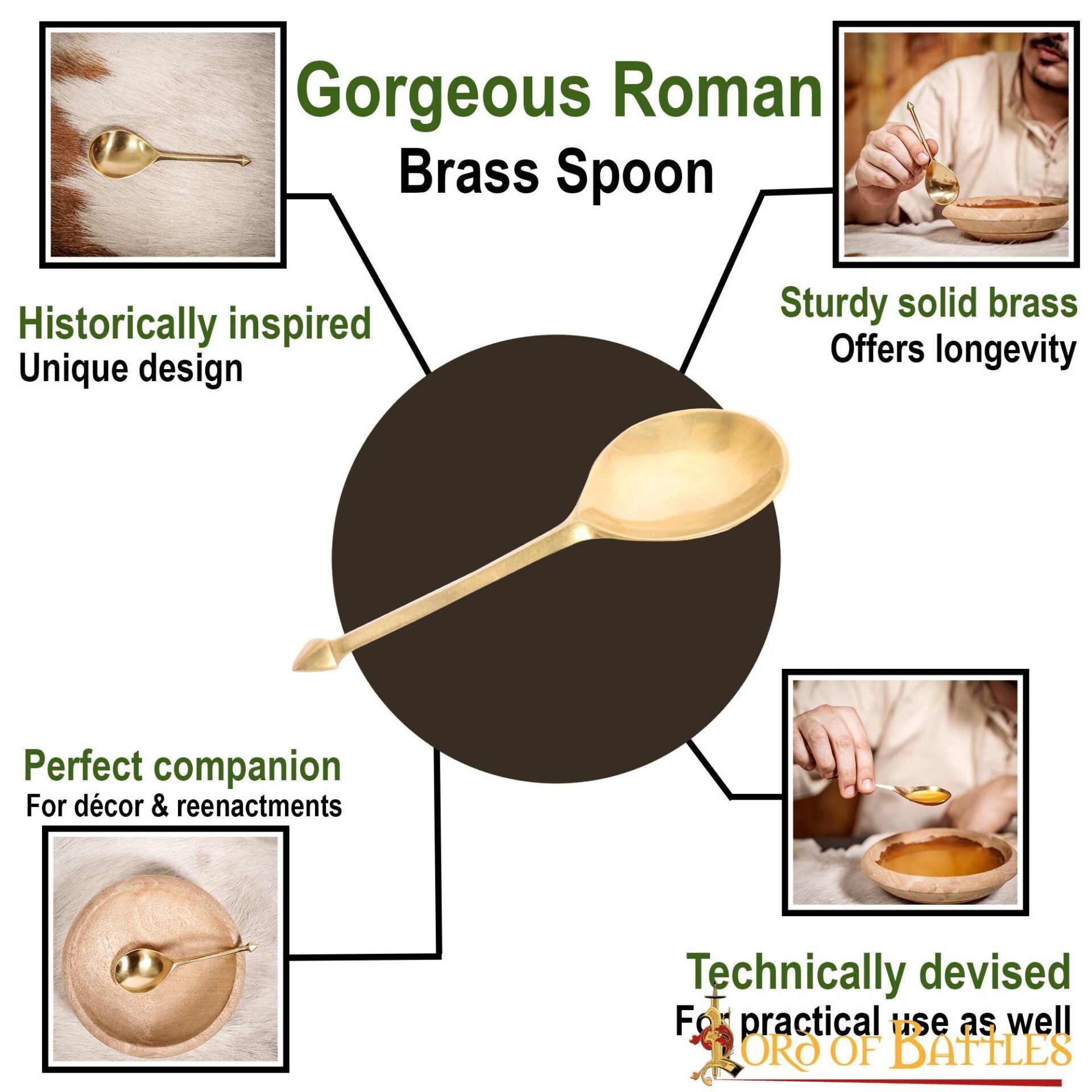 Cuchara Romana Cubertería Funcional de Latón Macizo Puro Juego de Dos Piezas - Imagen 4