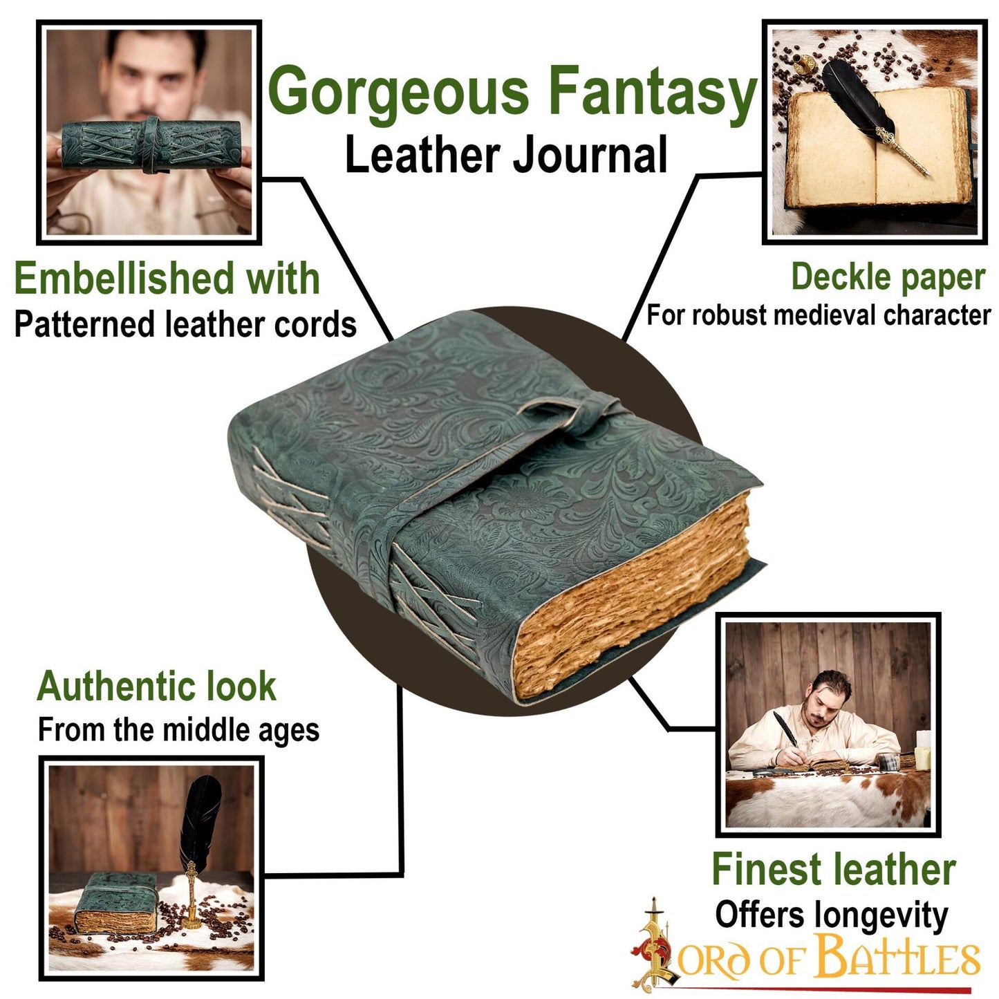 Diario Medieval de Cuero con Papel Antiguo -verde - Diario Hecho a Mano - Imagen 12