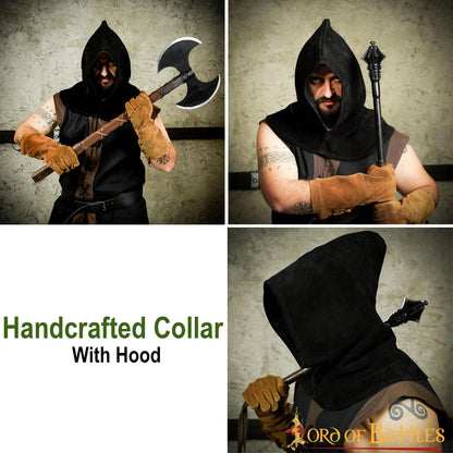Capucha de Piel de Ante Negra con Cuello Ancho - Estilo Medieval Artesanal - Imagen 11