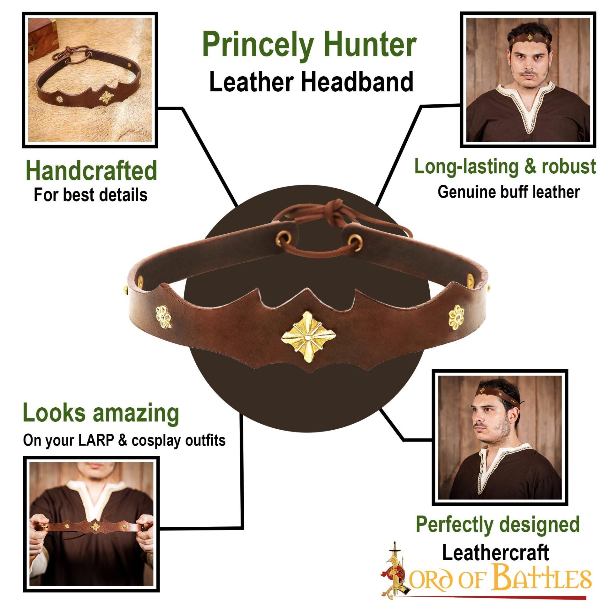 Diadema de Cuero de Cazador Principesco con Monturas de Latón Puro - Imagen 10